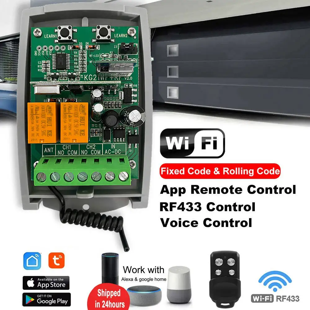 Tuya WIFI Garage Türöffner Tor Empfänger 2ch 433 mhz 433,92 mhz Universal Feste Rolling Code Multi Marke Controller schalter Image