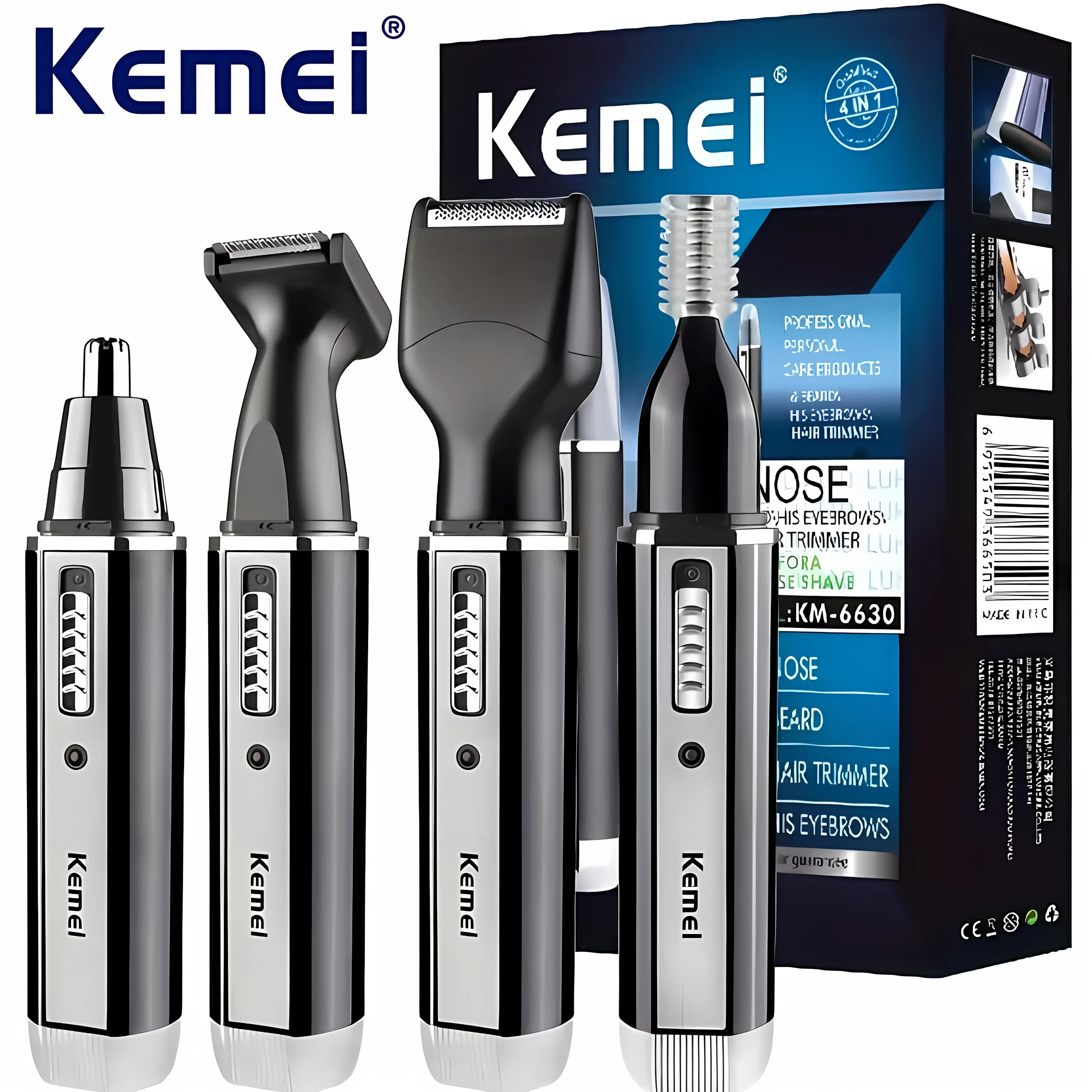 Kemei KM-6630 4-in-1-Bartschneider für Nasen- und Augenbrauenhaare, wiederaufladbarer Elektrorasierer, Nasen-Ohrschneider mit Tempelschnitt für Männer Image