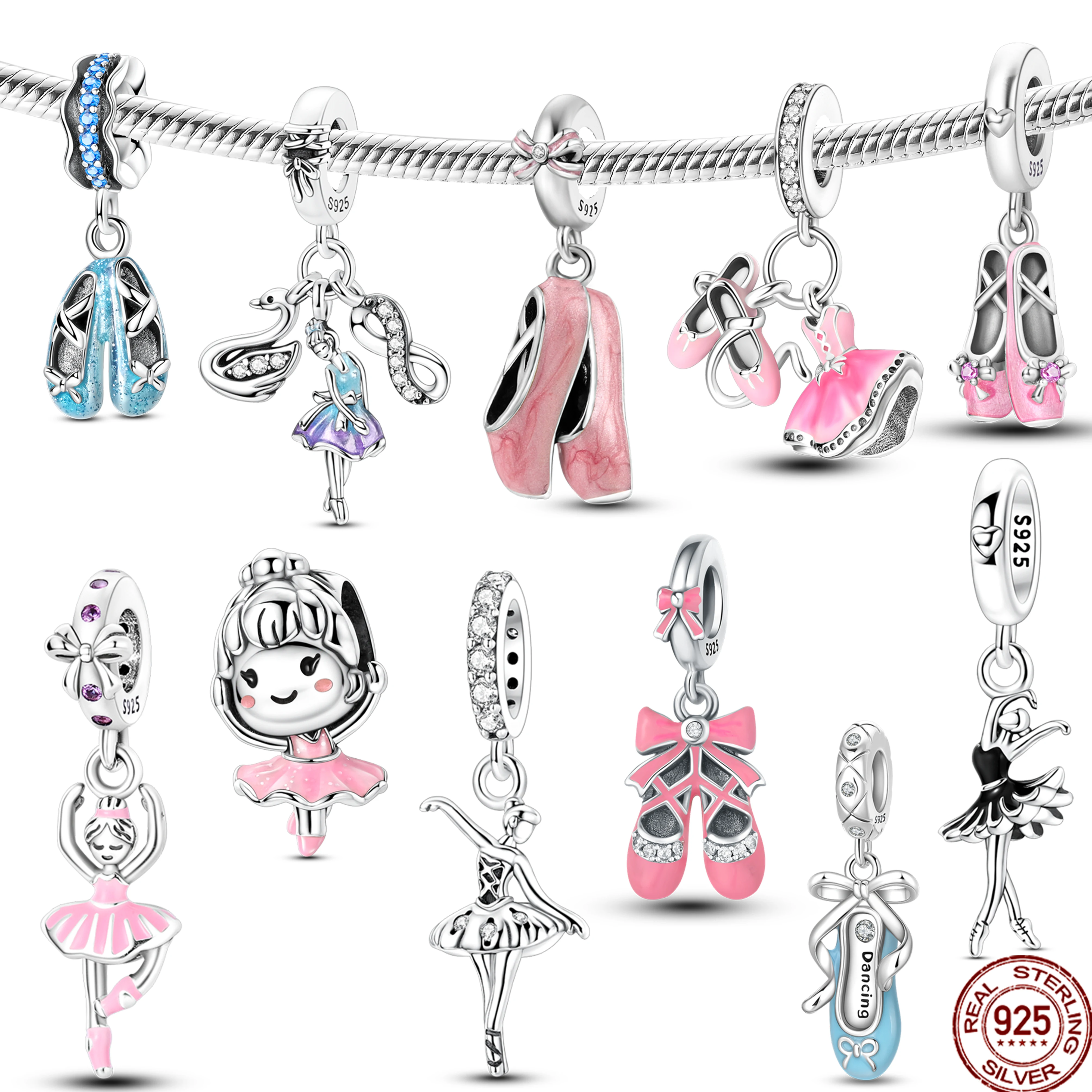 925 Sterling Silber Original Rosa Ballett Schuhe Charms Ballett Tänzerin Anhänger Für Frauen DIY Bead Fit Original Armband Halskette