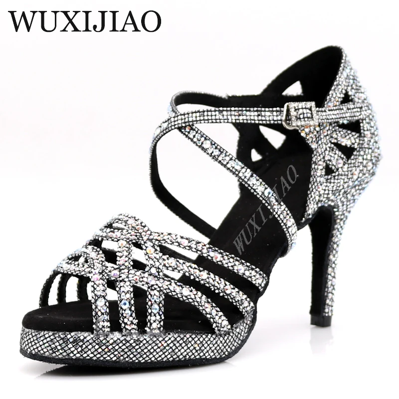 WUXIJIAO Neue Silber schwarz Latin dance schuhe damen salsa strass schuhe tanz damen ballroom dance schuhe ferse 5 cm-10 cm
