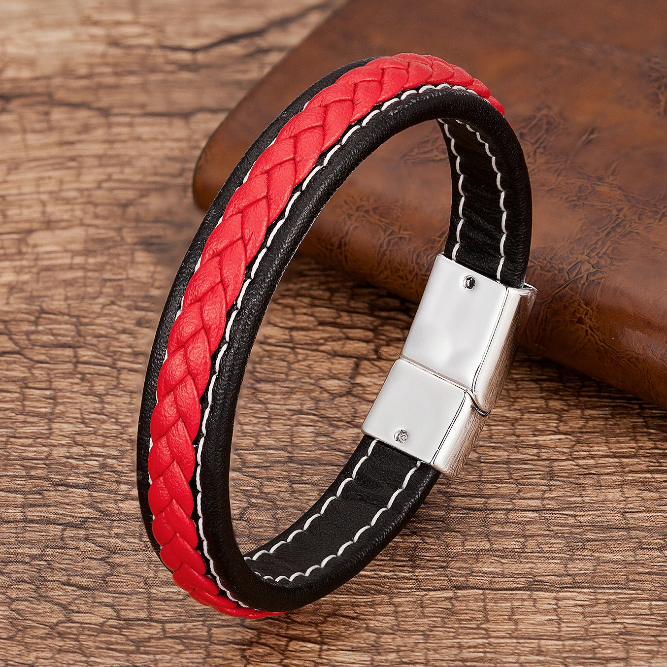 Punk Männer Schmuck Rot Schwarz Geflochtene Leder Armband Metall Magnetische Schnalle Armbänder Charme Männlichen Handgelenk Band Pulsera Hombre