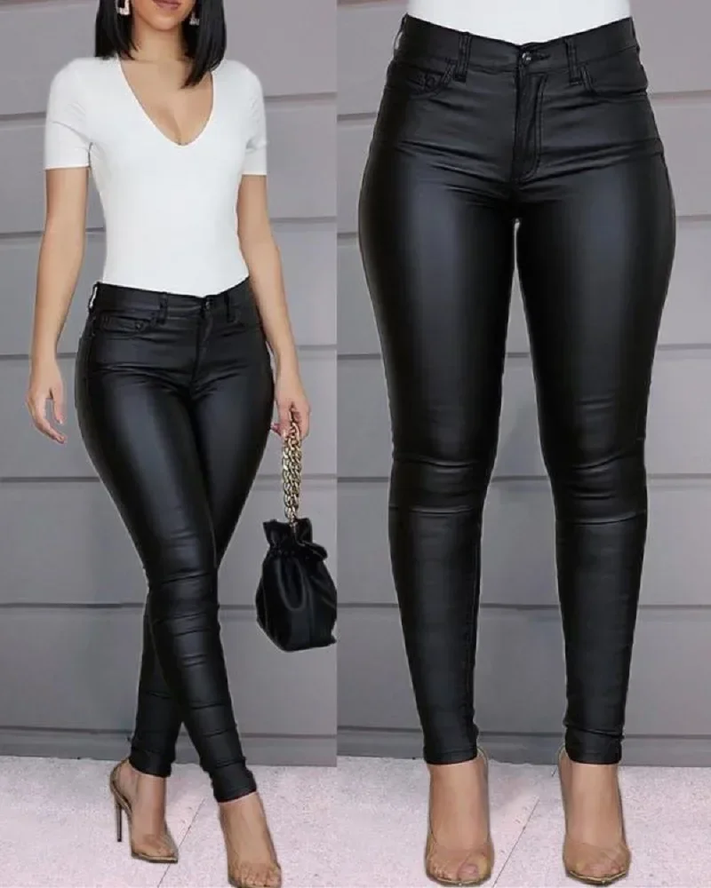 Neue Frauen PU Leder Hosen Schwarz Sexy Stretch Bodycon Hosen Frauen Hohe Taille Lange Casual Bleistift Hosen Plus Größe XS-4XL