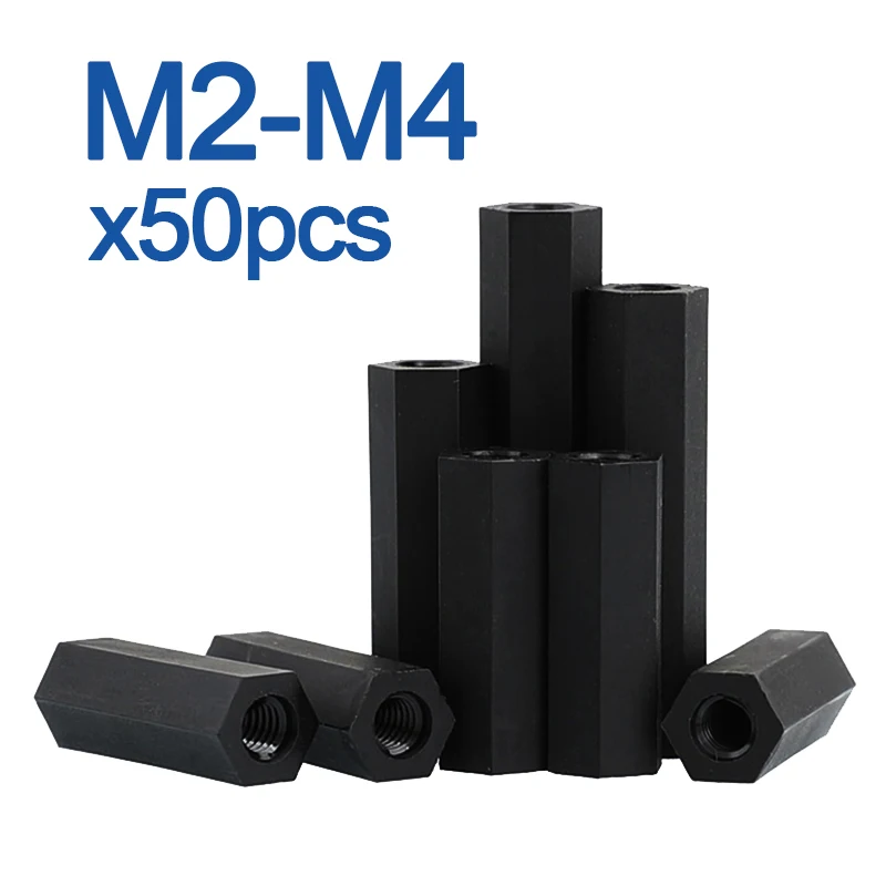 50 teile/los M2 M2,5 M3 M4 * L Schwarz Nylon Hex Standoff Spacer Buchse auf Buchse länge 5 ~ 50mm Image