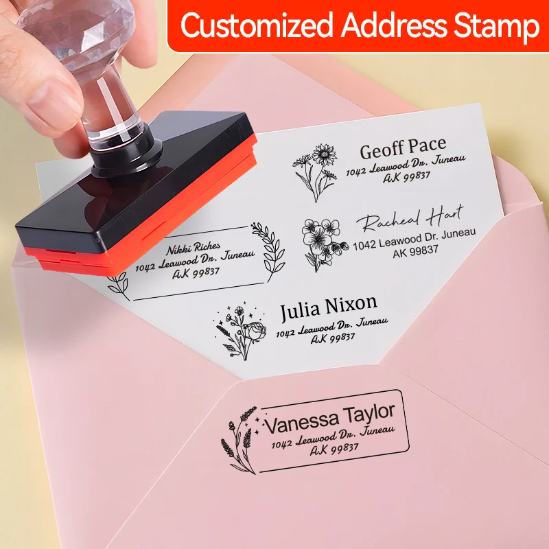 Selbstfärbendes personalisiertes Adressstempel-Set – wiederverwendbare Bürobedarf, Etiketten für die Hochzeitsrückgabe und unverzichtbare Geschäftsbriefpapier Image