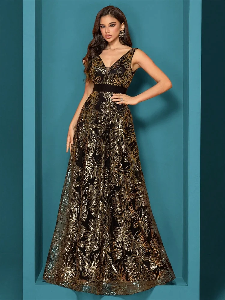 Luxus Sexy Tiefem V-ausschnitt Pailletten Blau Abendkleider Frauen Elegante V-back Hochzeit Party Lange Prom Cocktail Kleid