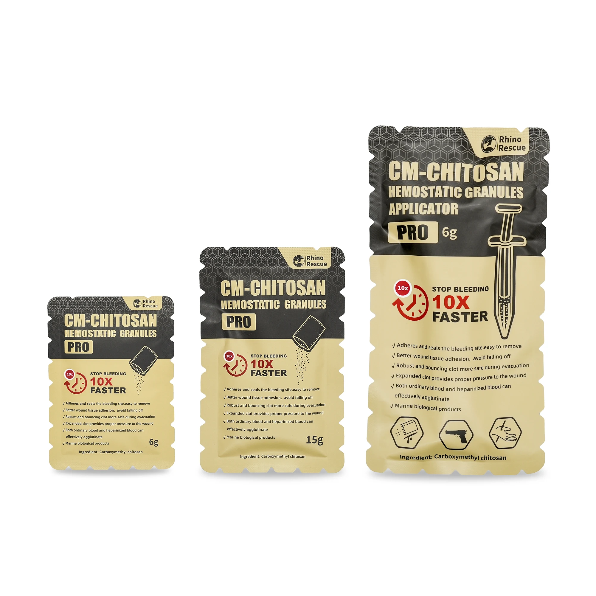 RHINO RESCUE Chitosan-Hämostatikpulver, körnig, 6 g/15 g, blutstillendes Granulat, Wundverband für schnelle Blutungskontrolle für Camping Image