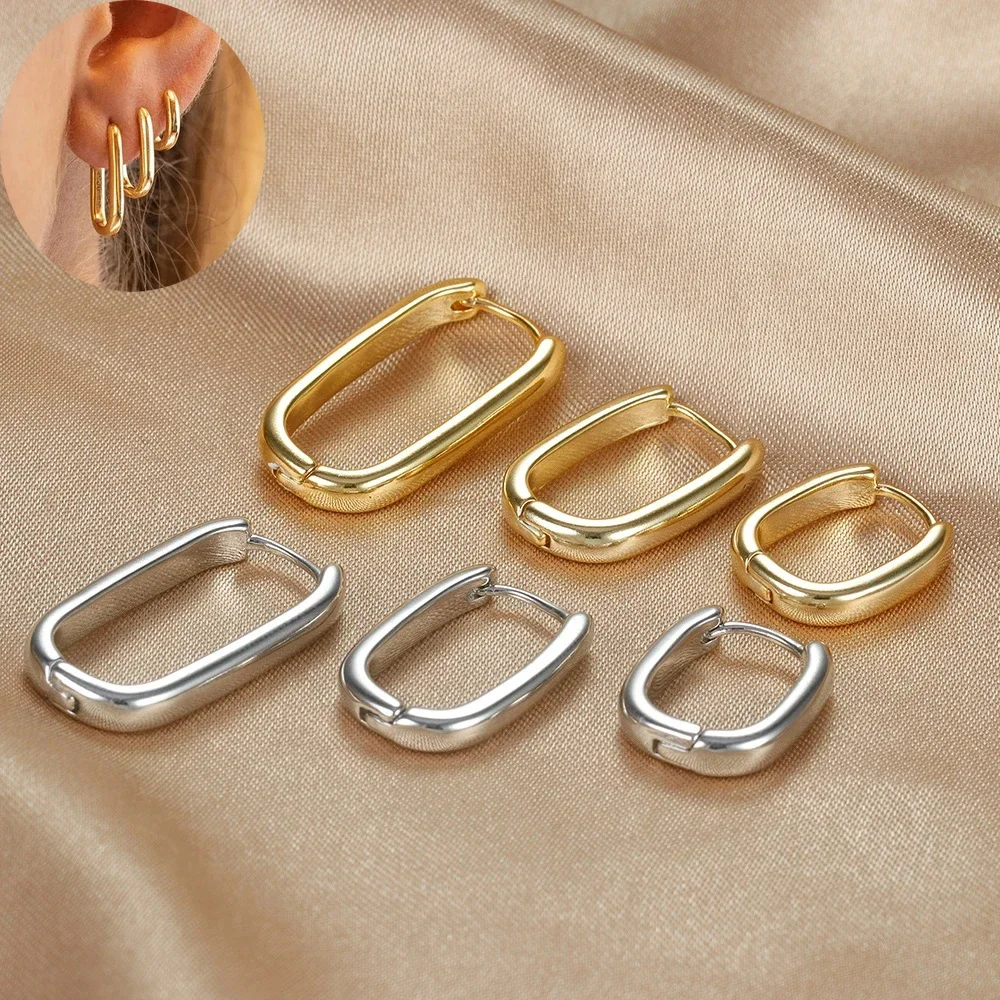3PCS Vintage Edelstahl U-Form Hoop Ohrringe Set für Frauen Geometrie Kreis Quadrat Ohrring Piercing Schmuck aretes mujer Image