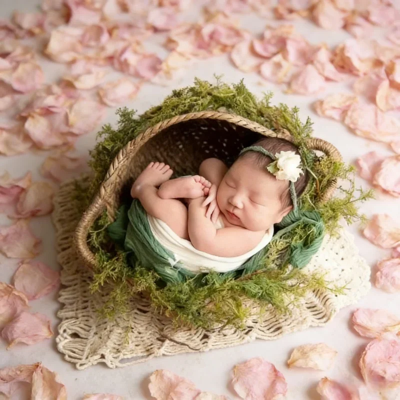 Runder Rattan-Geflochtener Korb mit Griffen Neugeborenen-Fotografie-Posenstätte Essentielles Foto-Requisit Baby-Wickelbehälter Beckenrahmen Image