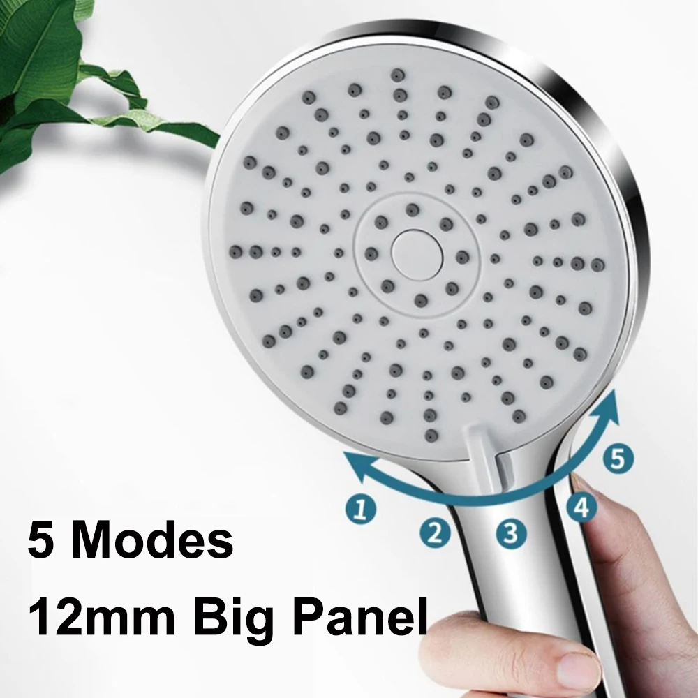 Neuer 5-Modus-Duschkopf, Hochdruck, großes Panel, großer Durchfluss, silberfarben, schwarz, Massage-Handbrause, Badezimmer-Zubehör Image