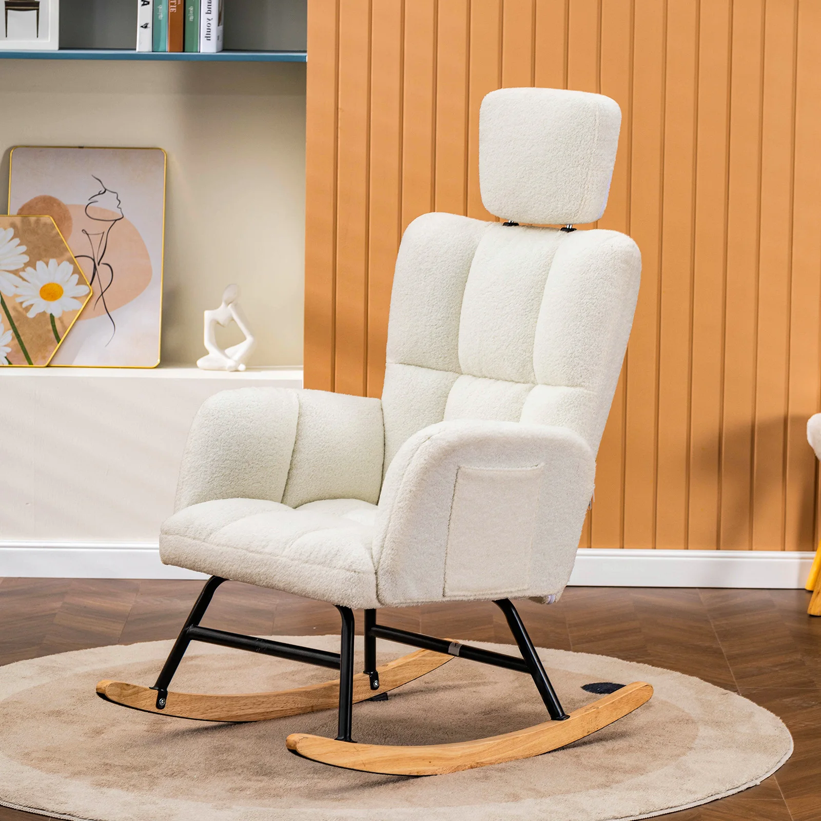 COMHOMA Schaukelstuhl, Relaxsessel mit Armlehnen Kopfstütze, Ohrensessel aus Teddy-Plüsch Schaukelsessel, Sonnenliege, Beige