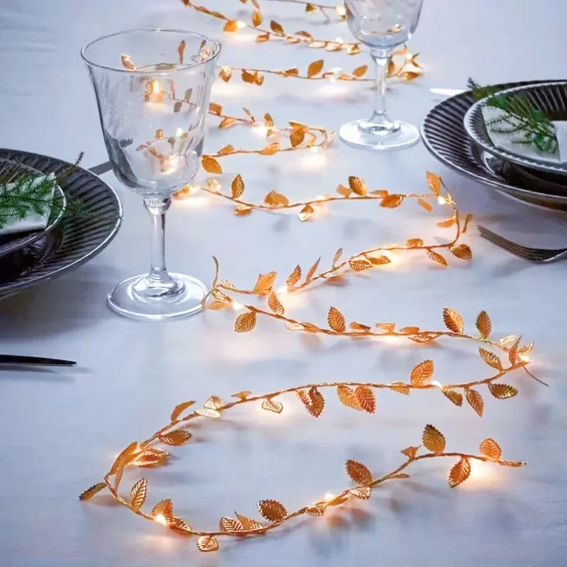 2–10 m lange goldene Blätter-Lichterkette, Batterie-LED für Weihnachten, Hochzeit, Party, Urlaub, Kranz, Girlande, Heimdekoration