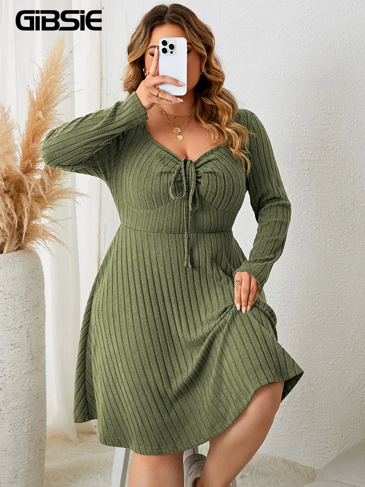 Gibsie Plus Size Sweet theart Hals Knoten vorne A-Linie Kleid Frauen fallen neue Vintage Langarm gerippt gestrickt lässig Winterkleider Image