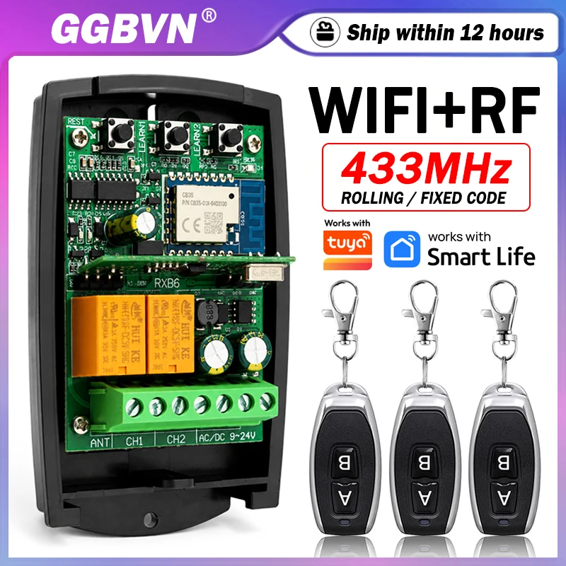 Neuer universeller Funktioniert mit Tuya 433MHz 433,92MHz Garagentor-/Torfernbedienungsempfänger mit festem Rolling-Code, 2-Kanal-WLAN-Smart-Switch-Modul mit Relais Image
