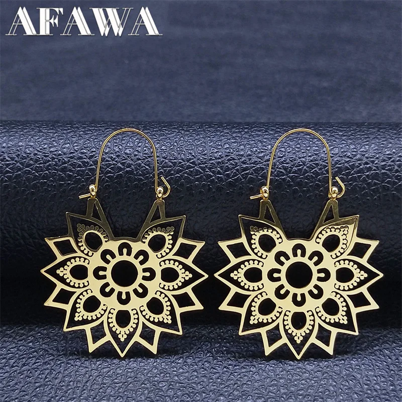 Trendy Yoga Lotus Blume Ohrringe Edelstahl Gold Farbe Creolen für Frauen Schmuck boucles d'oreilles E9360S01