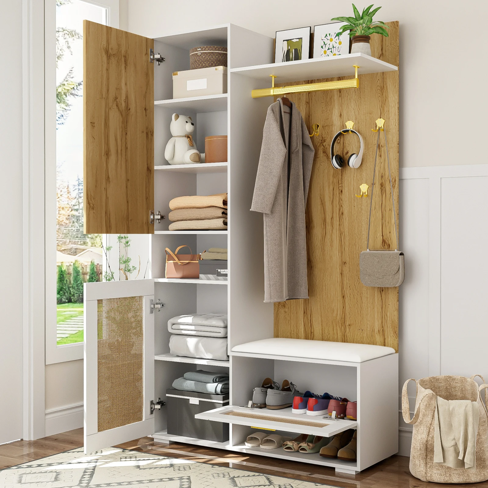 Rosahqnda Garderoben-Set, Kleiderschrank-Set mit Spiegel, 5 goldenen Kleiderhaken,Sitzbank und 16-farbiger LED-Beleuchtung