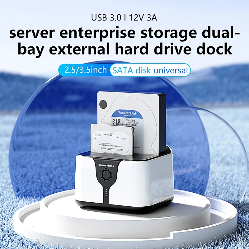 Blueendless 2-Schacht-HDD-Box-Gehäuse, HDD-Dockingstation, SSD-Gehäuse, Dual-Schachtel, Offline-Klon, SATA auf USB 3.0-Adapter für 2,5 3,5 SSD-Festplatte Image