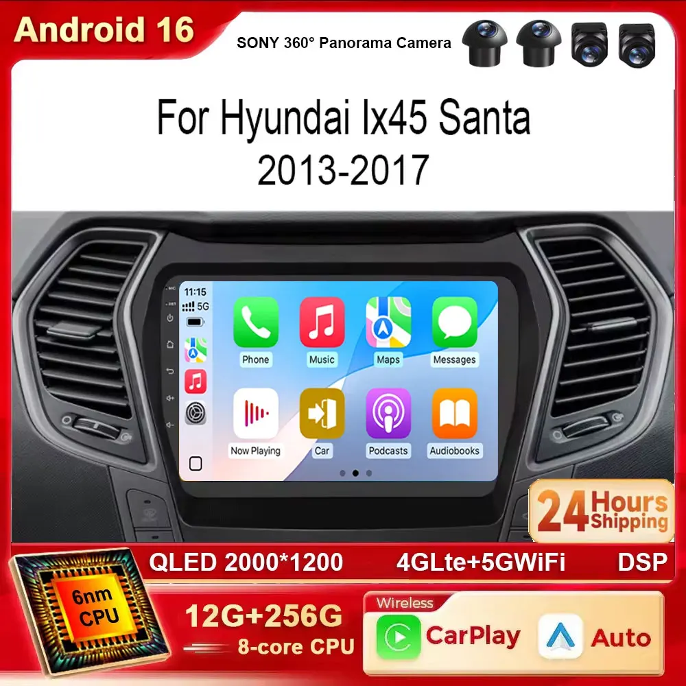 Android 16 Radio für Hyundai Santa Fe IX45 2013 - 2017 Auto Carplay Navigation Player GPS-Navigation Stereo QLED-Bildschirm DVD