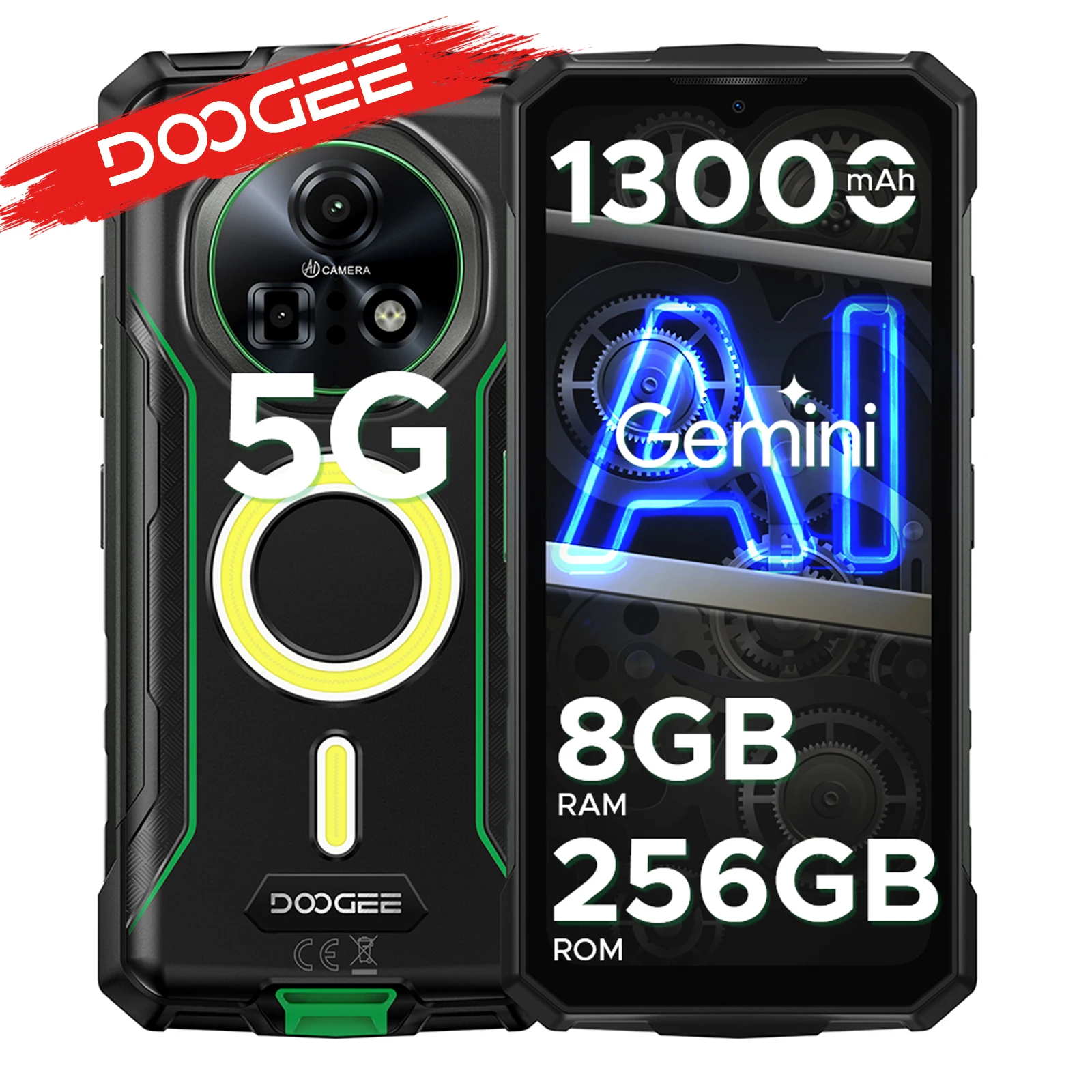 Robustes DOOGEE Fire 7 Pro 5G Smartphone mit doppelter Campinglampe, Doc-Halterung, Akku 13.000 mAh, Android-Smartphones