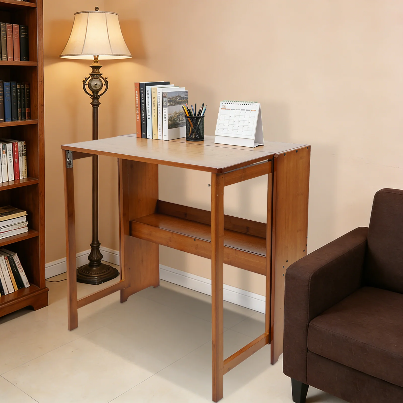 83*54*76cm klappbarer Tisch für Zuhause, Bürotisch, Bambus-Tischplatte mit Bücherregal für Wohnzimmer, Schlafzimmer