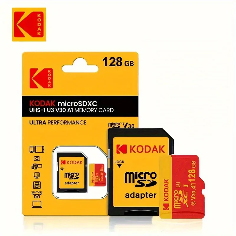Kodak High Speed ​ ​ Micro-SD-Karte U3 Klasse 10, bis zu 100 MB/s, TF-Speicherkarte mit Adapter – erhältlich in 32 GB, 64 GB und 128 GB