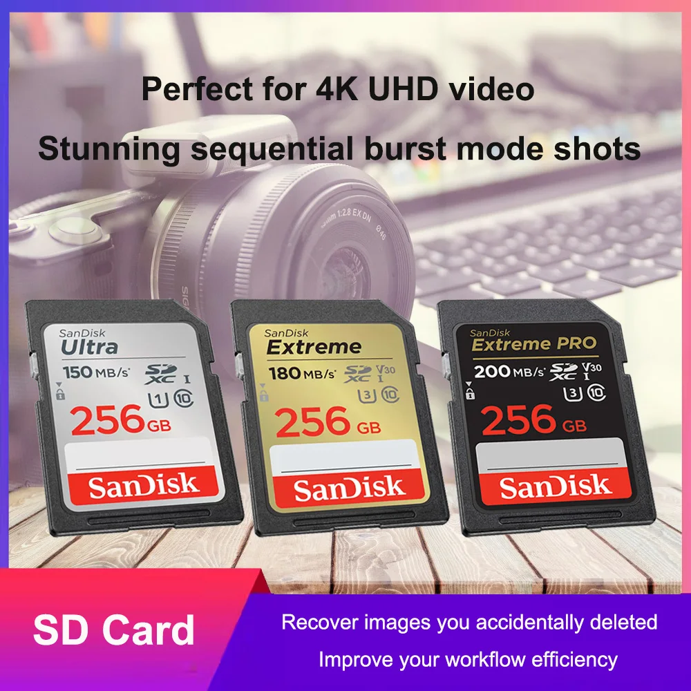 SanDisk SD-Karte 32 GB SDHC 64 GB 128 GB 256 G SDXC SD-Karte C10-Speicherkarten Bis zu 200 MB/s Lesen Sie U3 V30 Flash-Karten 4K UHD für Kamera Image