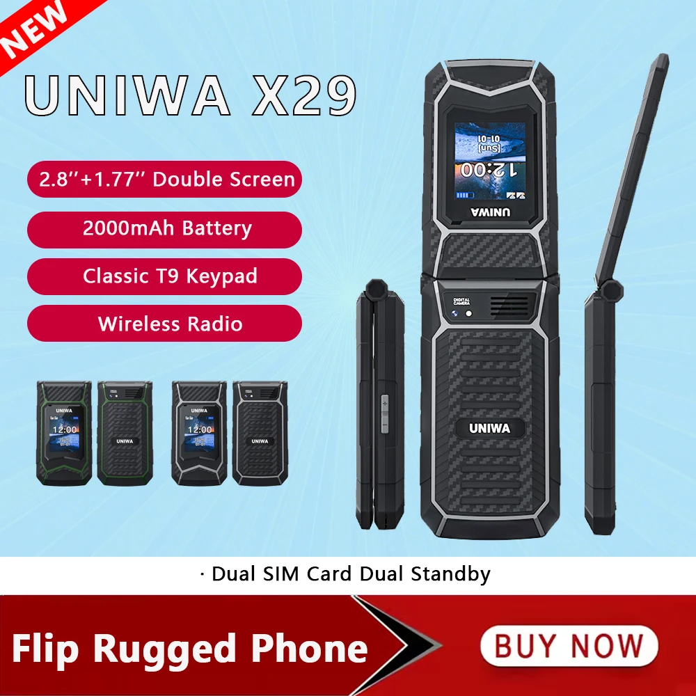 UNIWA X29 2,8 Zoll Doppelbildschirm Dual-SIM-Karte GSM Robustes Flip-Telefon 2000 mAh Große Schrift Große Taste für Senior Wireless Radio