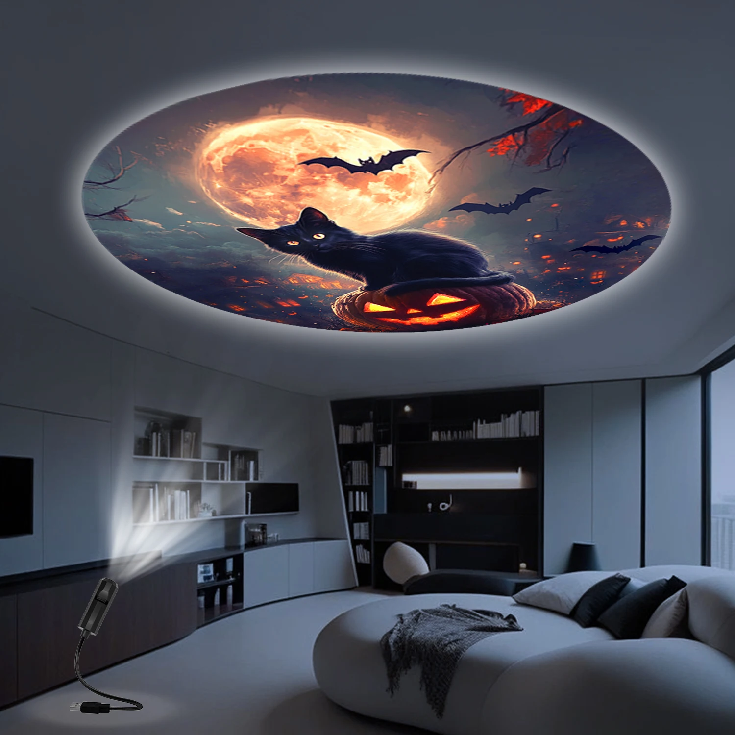 Moon Black Cat Lichtprojektorlampe, USB-betrieben, 360° ° drehbar, perfekt für die Schaffung einer Halloween-Atmosphäre Image