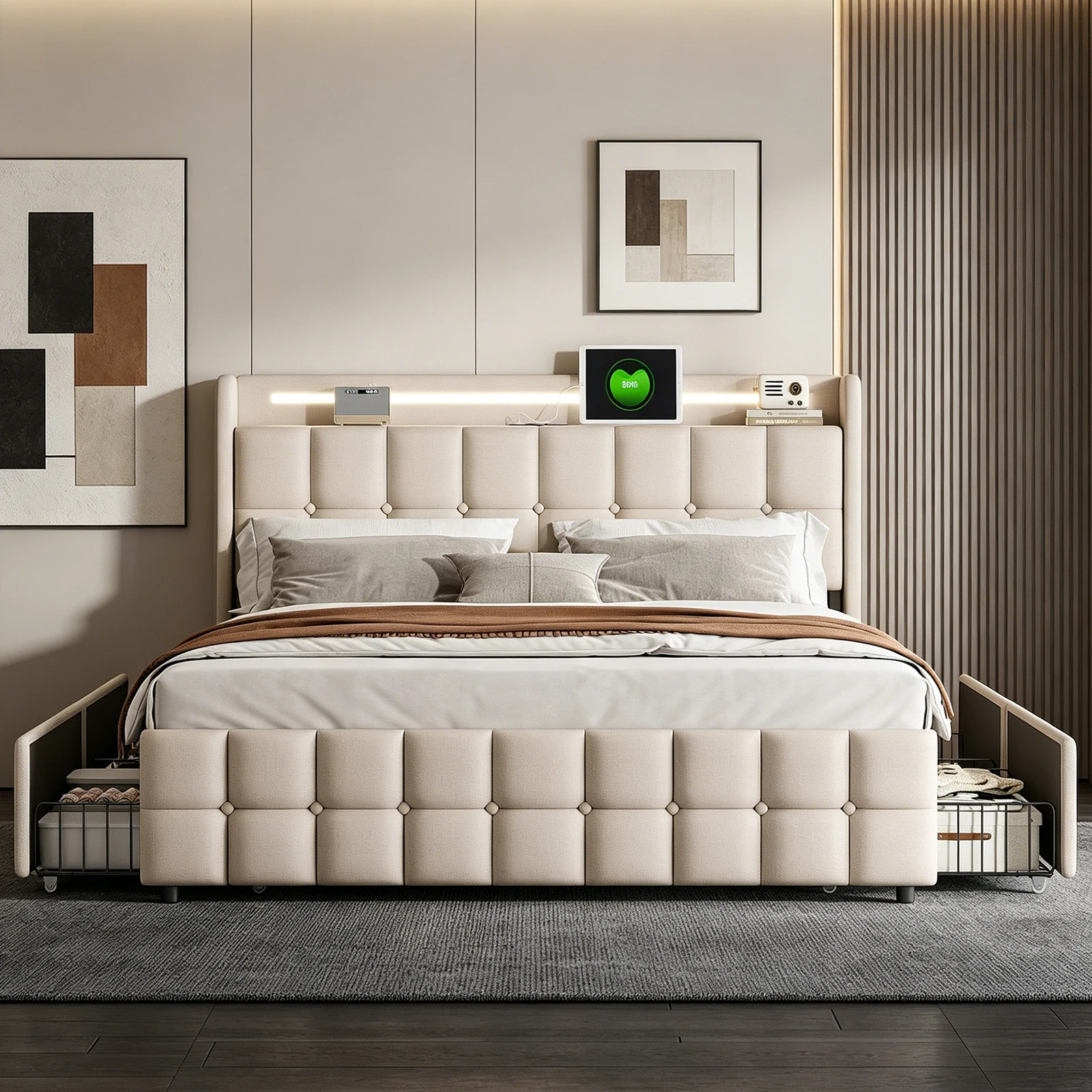 Bett 180x mit Boxspring, Doppelbett mit Polsterung und 4 Schubladen, Bett für 2 Personen mit Kopfteil, Stauraumbett, LED USB, Fusselabscheider Image