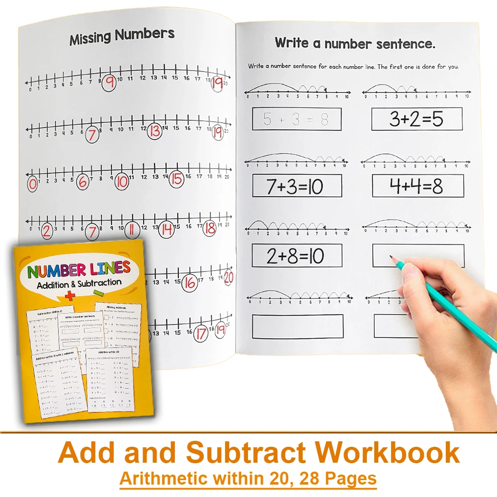 Addition und Subtraktion innerhalb von 20, Trainingsarbeitsbuch, Zahlenlinie, Übungsbuch, Kindergarten, Vorschule, Mathematik, Lernen, Montessori Image