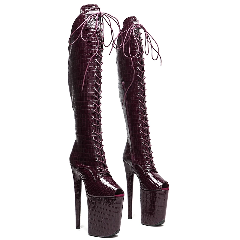 Leecabe 23 cm/9 Zoll glänzendes PU-Obermaterial, kleine offene Spitze, trendige Mode, hoher Absatz, Plattform, Stripper-Absatz, Pole-Dance-Stiefel Image