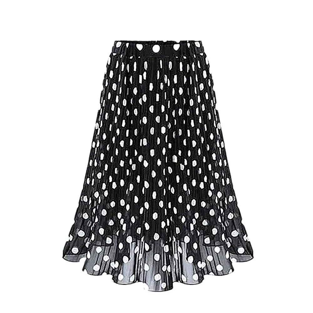 Frauen schwarze Punkte Chiffon Polka Röcke Vintage klassische elegante süße weibliche elastische Taille Plissee Strand A-Linie plus Größe Chic