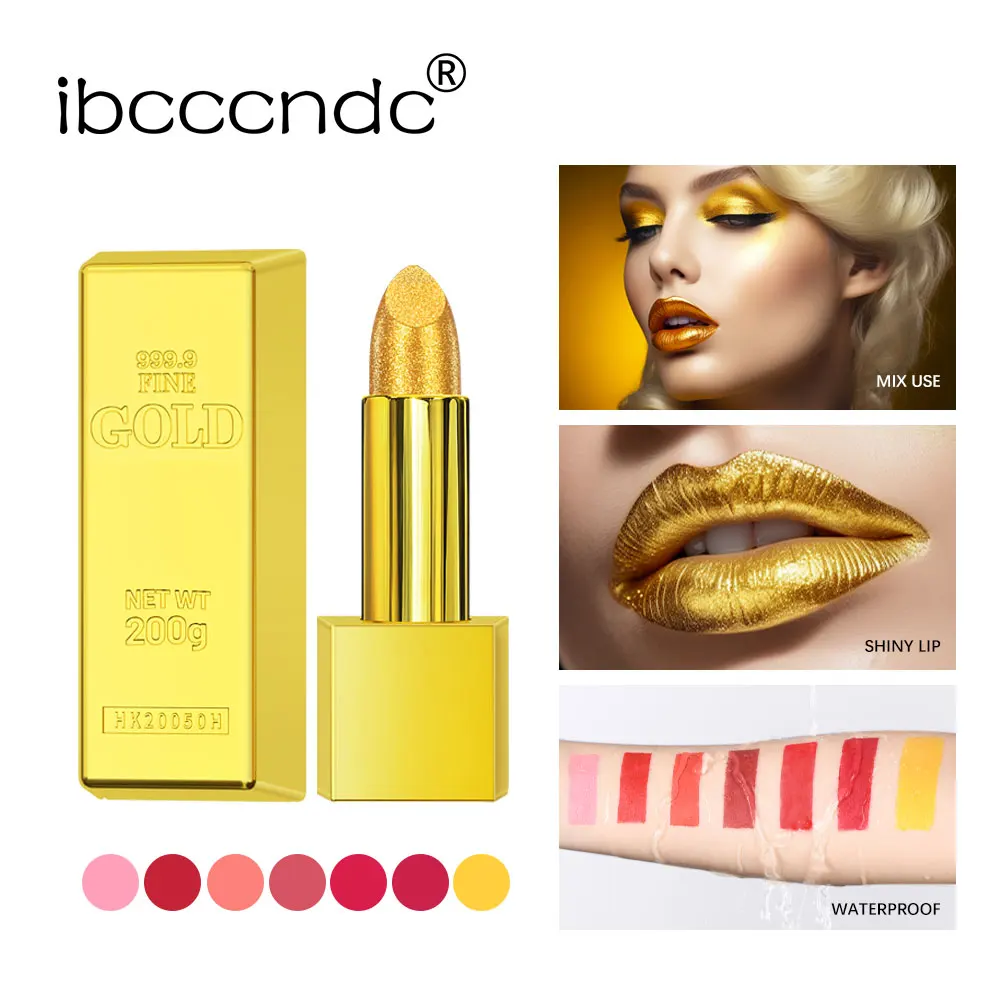 Schimmernder Gold-Lippenstift, metallischer Glitzer, sexy Lippenstifte, langlebig, Batom, wasserfest, kosmetisch, Gold-Brick-Tube-Design, Geschenk, 3,5 g
