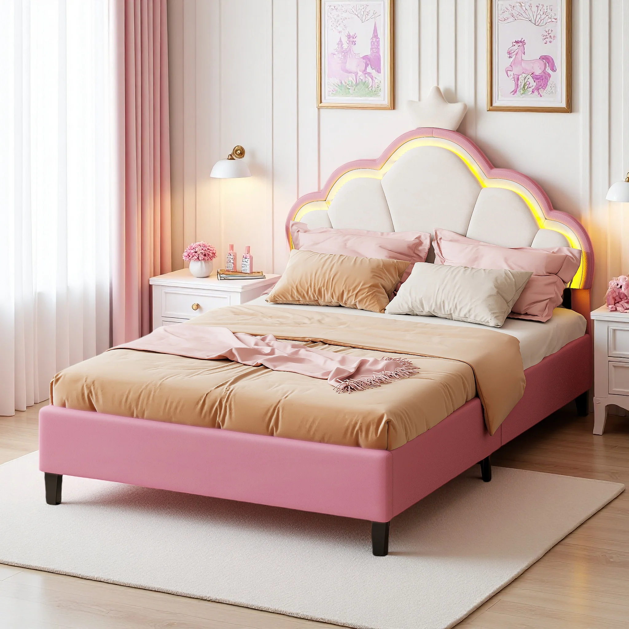 Rosahqnda LED-Polsterbett 90/140 x 200 cm, Kinderbett mit Kronen-Kopfteil, Prinzessinnenbett, Einzel-/Doppelbett, Jugendbett, Samt