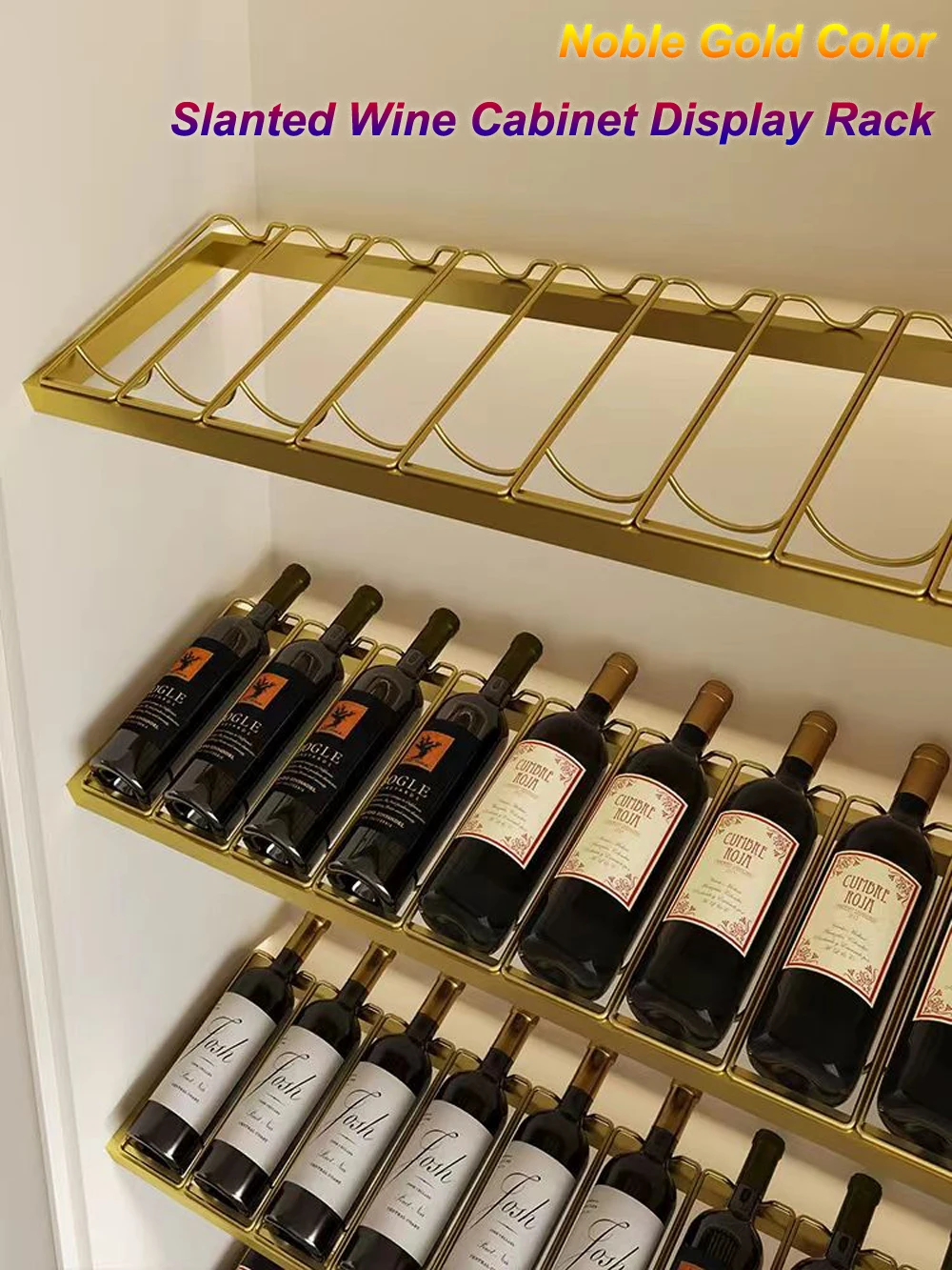 Maßgeschneiderter edler goldener Weinschrank mit schrägem Weinregal, rotes Weinregal aus Metall für die Dekoration von Zuhause, Büro, Hotel, Villa Image