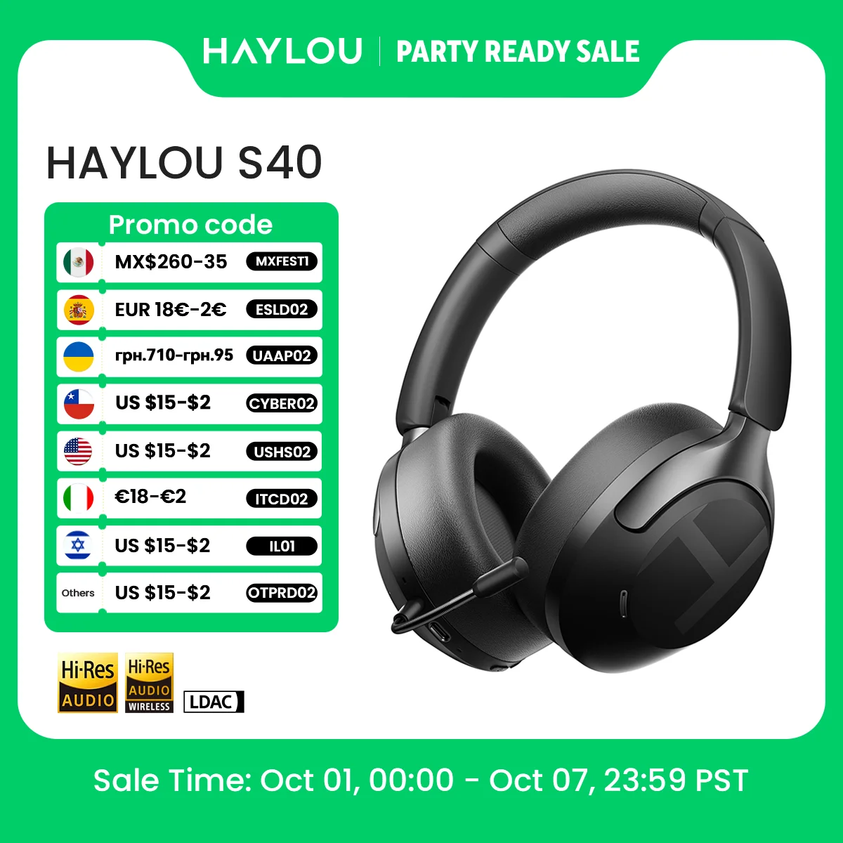 HAYLOU S40 ANC Kabelloser Kopfhörer 50dB Geräuschunterdrückung Hi-Res 3D-Raumklang-Ohrhörer mit LDAC Bluetooth 6.0 Over-Ear-Headset