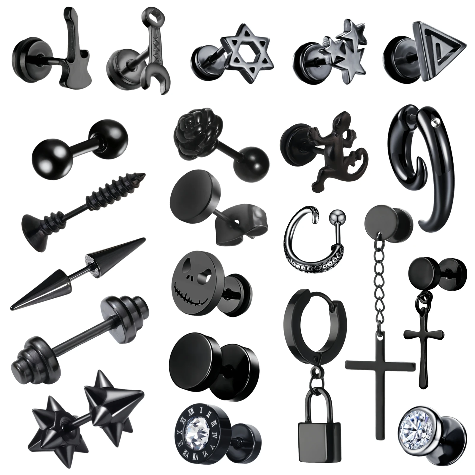 1 Paar Lock Star Goth Spike CZ Punk Edelstahl Ohrstecker Schwarz Schraubverschlüsse für Damen Herren Besondere Party Schmuck Geschenke