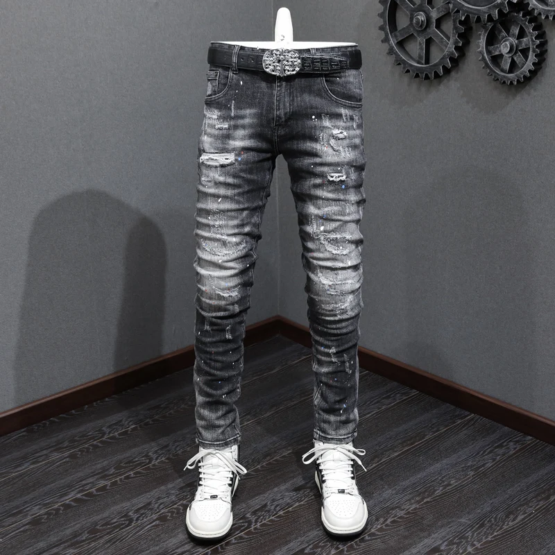 Street Fashion Männer Jeans Retro schwarz grau elastisch schlank zerrissene Jeans Männer Vintage Hose gepatchte gemalte Designer Hip Hop Hose