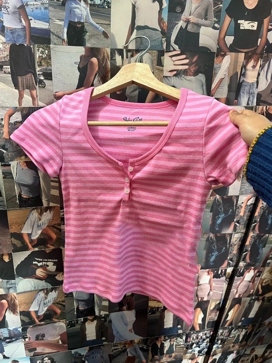 Rosa Gestreifte Schlanke Tasten T-shirts Frauen Neue Baumwolle Oansatz Casual Einfache Grundlegende Kurzarm T-shirts Süße Nette Mädchen T-shirt Y2K Top Image