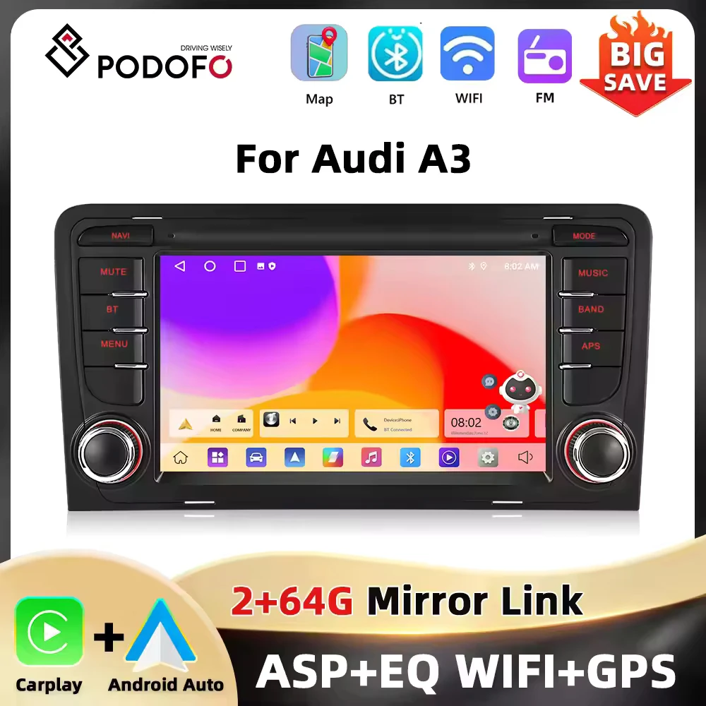 Podofo 7'' 2Din Auto Radio Für Audi A3 8P Multimedia-Player GPS Navigation Carplay Android Auto BT WIFI EQ FM/RDS 2 + 64G Auto Audio Image