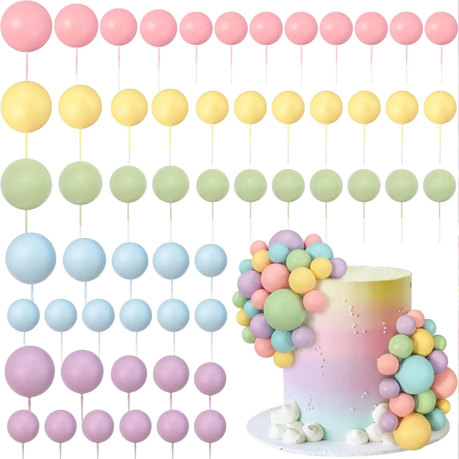 56 Stück Kugel-Kuchenaufsätze – bunte Perlen-Kuchendekorationen für Geburtstag, Hochzeit, Cupcakes, Ball, Partyzubehör, DIY-Dessert-Dekoration Image
