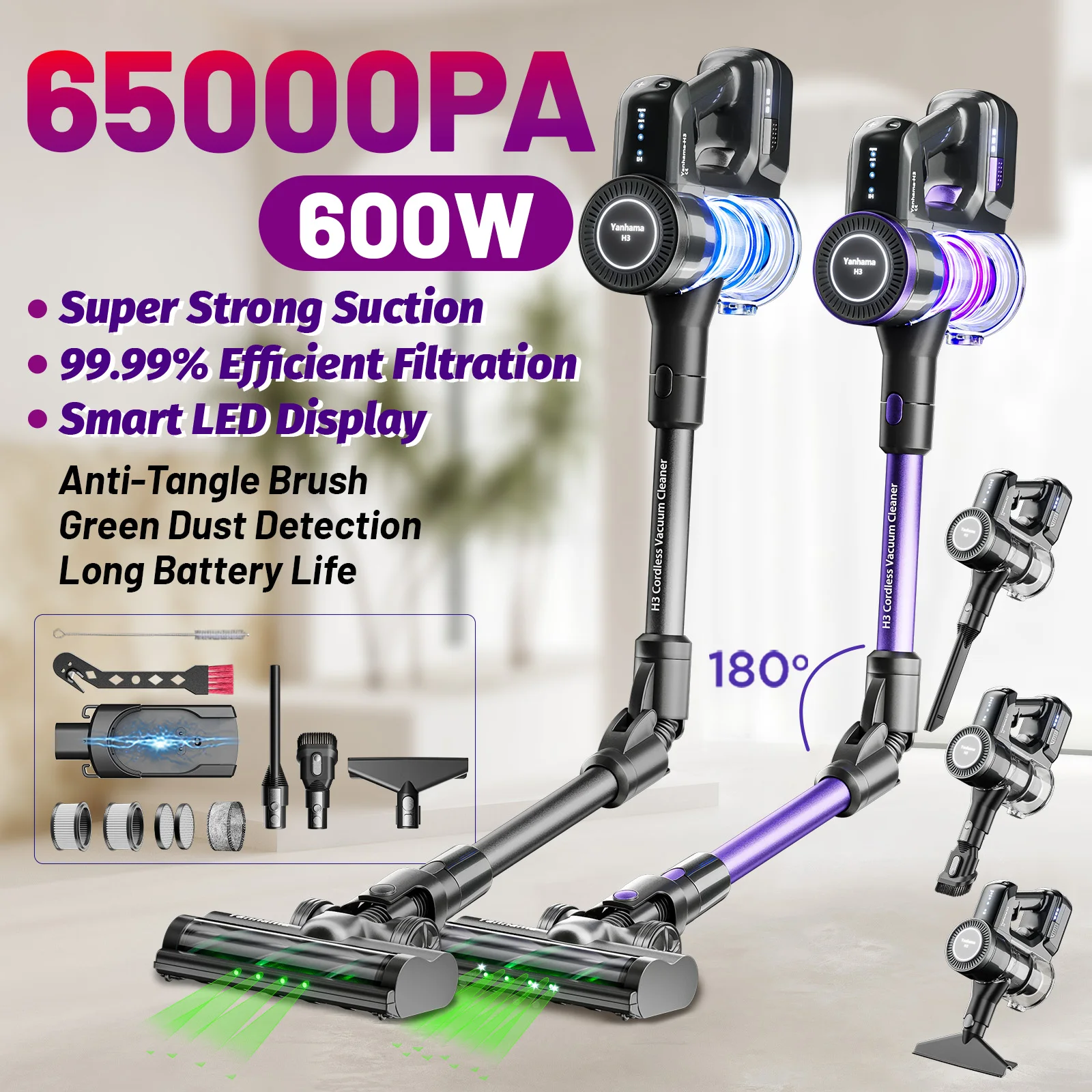 Yanhama 65KPA/600W 180° Klappbarer Staubsauger Kabellos Anti-Wickel-Bürstenwalze Leistungsstarkes Saugen Abnehmbarer Akku 60 Minuten Laufzeit Image