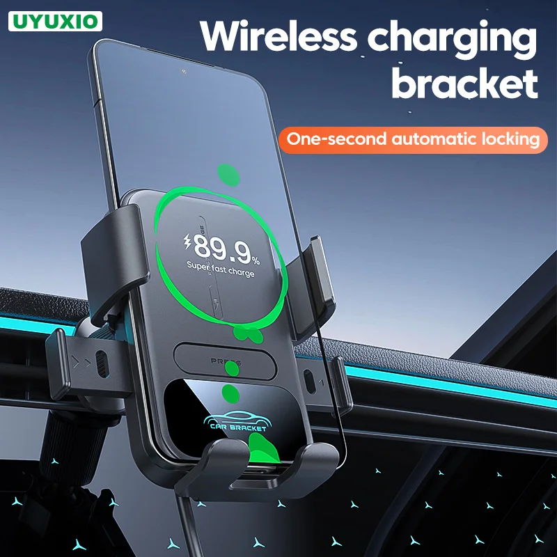 UYUXIO Kabelloses Autoladegerät, superschnelles Laden, manuelle Klemmung, Lüftungsschlitze, Autotelefonhalter für iPhone 17, 16, 15, 14 Pro Max, Samsung Image