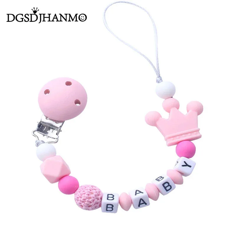 Benutzerdefinierte kostenlose personalisierte Name Baby Schnuller Halter Kette handgemachte Silikon Krone sicherer Beißring Neugeborenen Kauen Geschenk Image