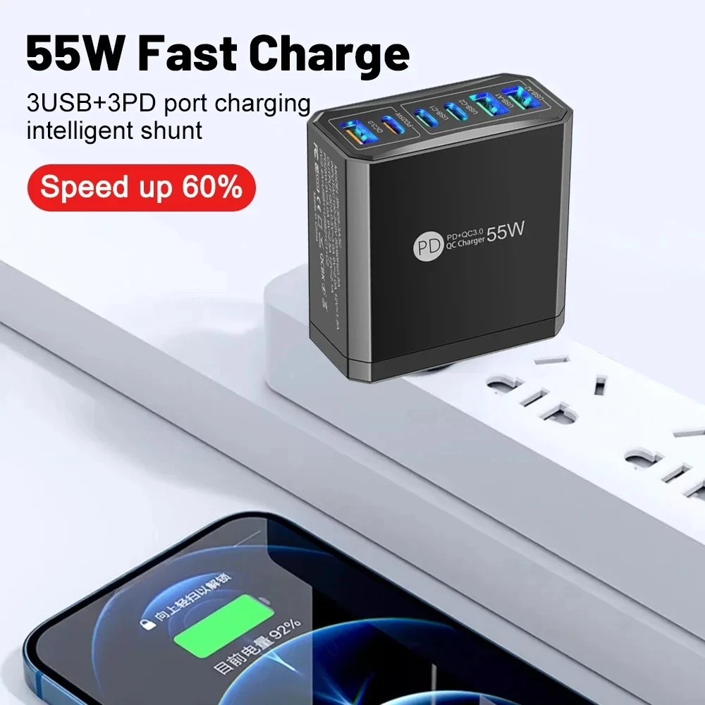 55W PD 6-Port USB Schnell-Ladeadapter für Mehrere Geräte EU/US Reisestecker für iPhone Samsung Huawei Xiaomi Image