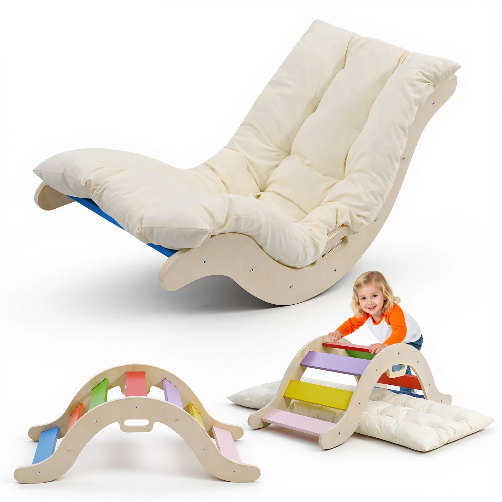 2-in-1-Kletterbogen-Set für Babys und Kleinkinder, Holz, buntes Klettergerüst, gemütlicher Wippe mit Kissen Image