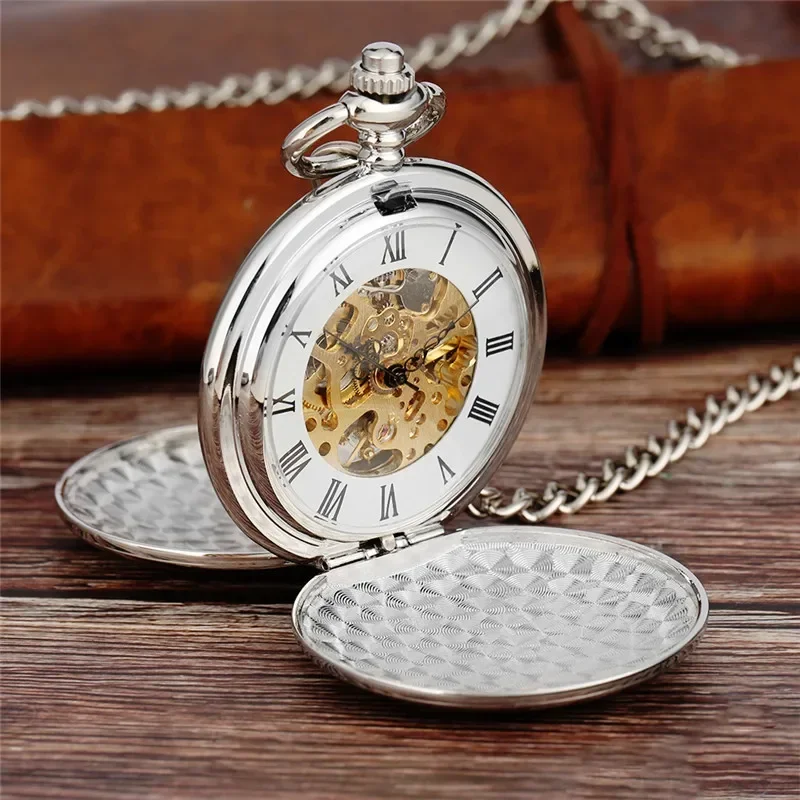Retro Silber Handaufzug Skeleton Mechanische Taschenuhr Doppel Hunter Halskette Kette Uhr Antike Reloj De Bolsillo
