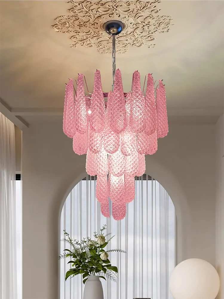Handgefertigter Murano-Glas-Kronleuchter, weiß, rosa, blau, Mid-Century-moderne Beleuchtung, trendige Wohnzimmer-Dekoration, Treppen-Hängeleuchte