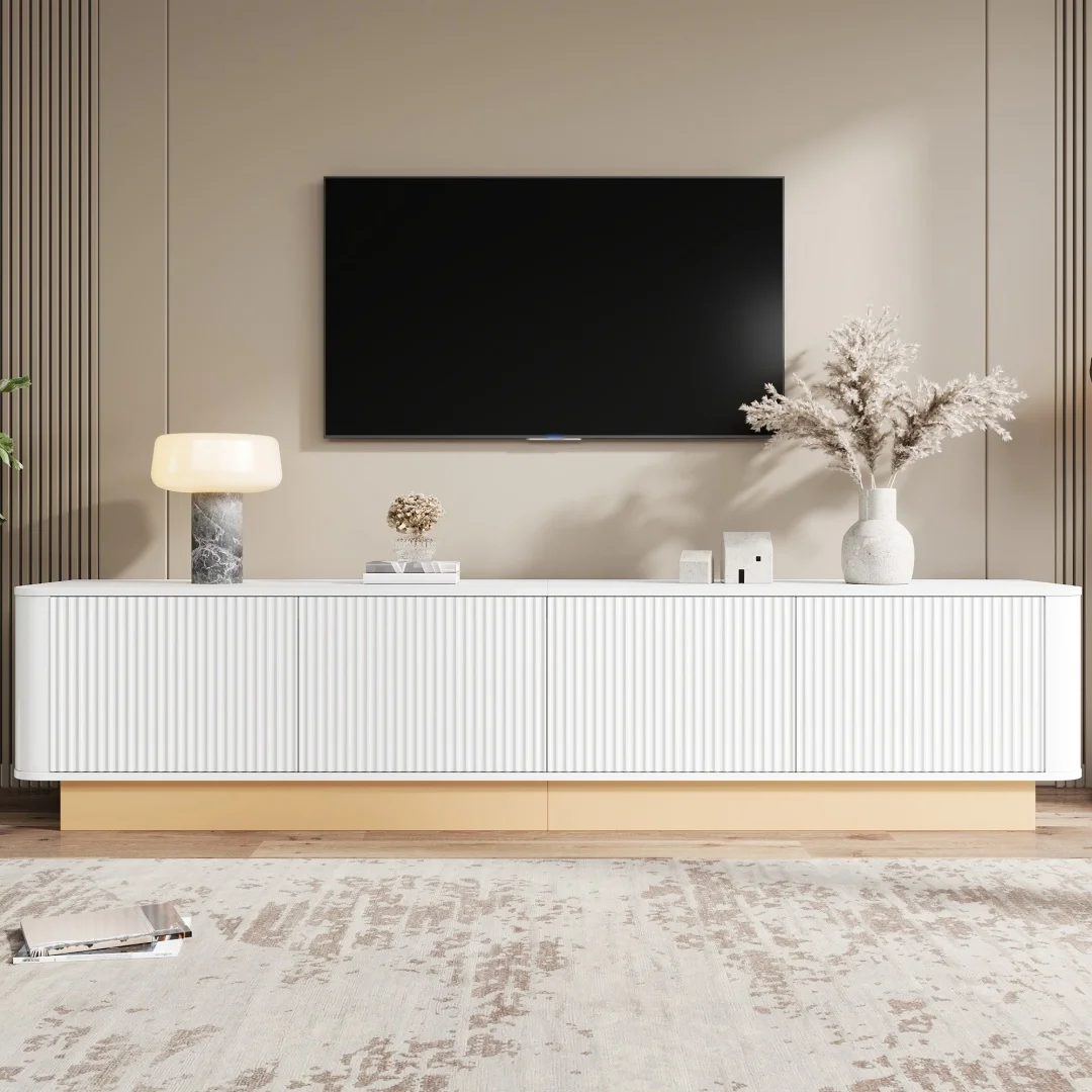 Mobile TV da 200 cm | Mobile TV scanalato in stile lussuoso, 4 ante con ampio spazio contenitivo, mobile multimediale da soggiorno, regolabile in altezza