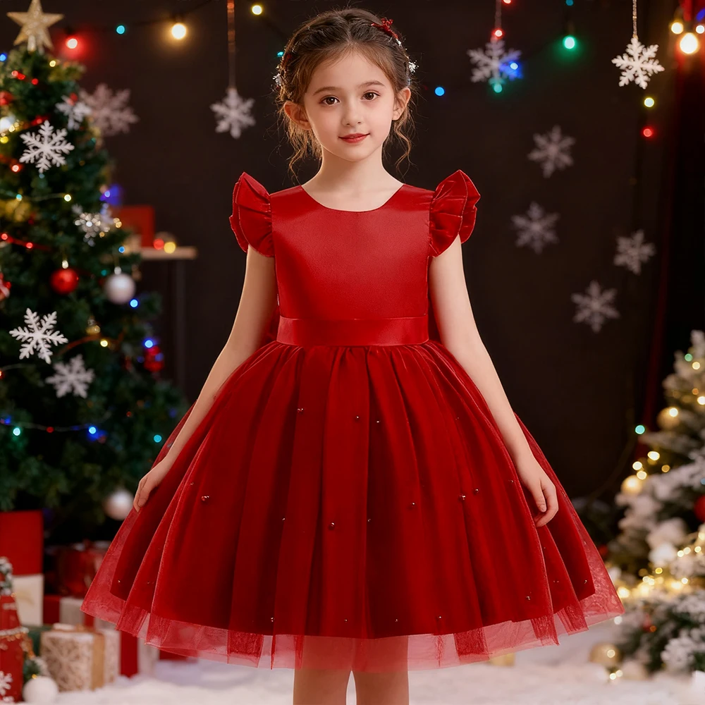 Neujahrskleid für Mädchen, Partykleider, Weihnachtskostüm, rotes Prinzessinnenkleid, Mädchen, Weihnachtsabendkleid, Schleife, Geburtstagskleid, Geschenke Image