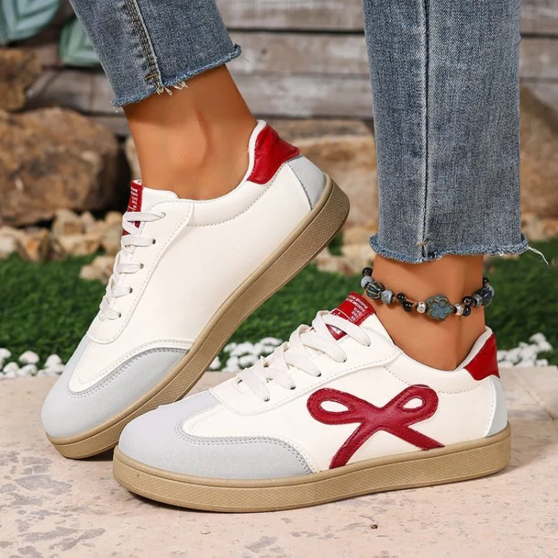 Rosa Niedliche Schleifen-Patch Color-Block Sneakers Studenten Freizeit Sportschuhe Runde Spitze Schnürung Bequeme Flache Vielseitige Sportschuhe